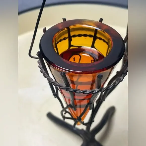 Vintage Mid Century Modern Wrought Iron Tree w/Amber Glass Cone Candle Holder - Picture 9 of 11